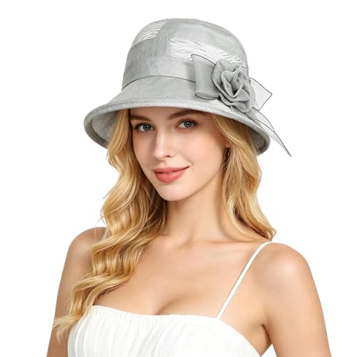 Women Flower Bowler Sun Hat Wide Brim Cloche Bucket Hat Foldable Breathable Wedding Church Tea Party Fascinator - color: Grey