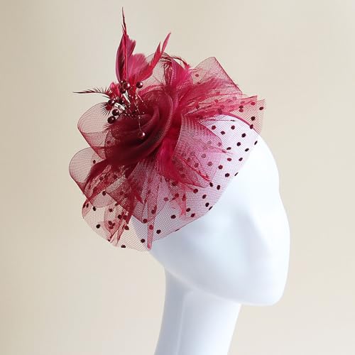 WLBON Fascinators Hat 20s 50s Headband Hair Clips Flower Mesh Veil Feather Headpiece Headwear Women Halloween Carnival Cocktail Wedding Church Cosplay Dress Up Birthday Tea Party Accessories Burgundy - color: Burgundy Tone