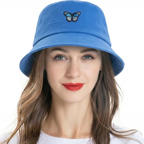 ZLYC Cotton Bucket Hat for Women Men Embroidered Packable Summer Sun Cap - color: Butterfly Blue