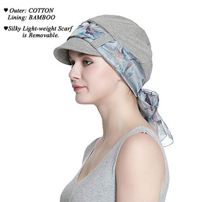 Alnorm Breathable Cotton Hat and Scarf Set Chemo Headwear for Women - color: Light Gray Floral