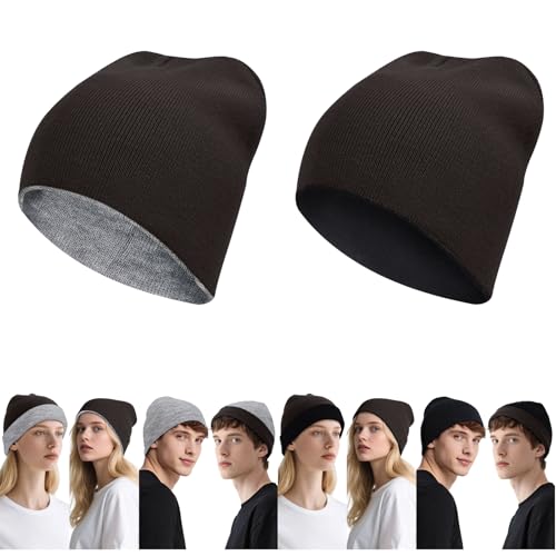 ZOORON Reversible Skull Caps for Men Women Reversible Beanie with -Double Side Warm Winter Fisherman Beanie - color: A-2pack-lightgrey/Coffee+black/Coffee