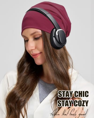 100% T-Shirt Cotton Slouchy Beanie Women Men,Lightweight Chemo Hat - color: Wine Red(2-layer)