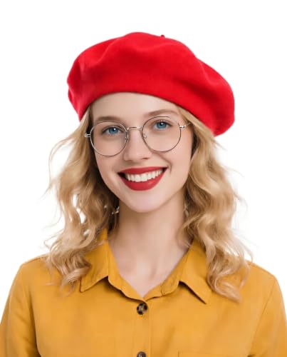 French Beret Hats for Women - Wool Solid Color Beanie Cap - color: Red