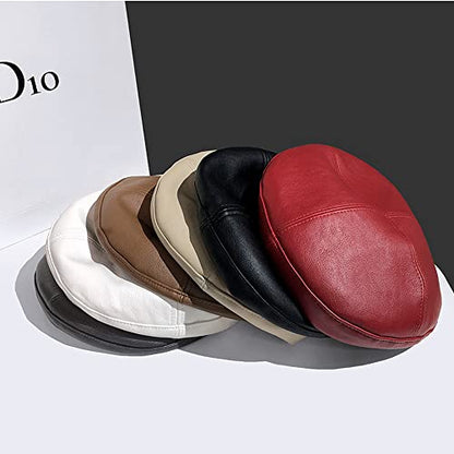 Women's PU Leather French Artist Beret Cap - color: White