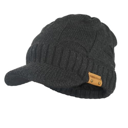 Winter Beanie with Visor - Stylish Knit Hat with Bill - Thick Brimmed Beanies with Fleece Lining Men and Women - color: B327-grey