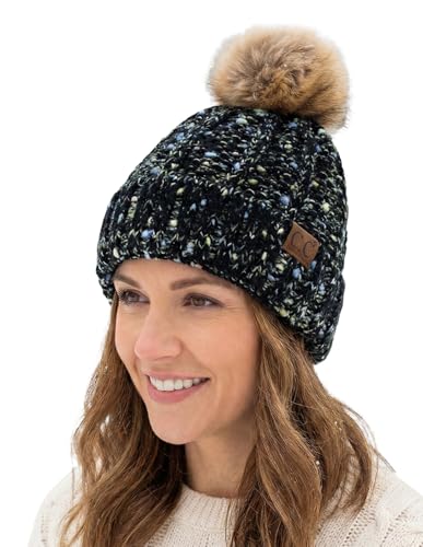 C.C Women’s Popcorn Confetti Knit Beanie Fuzzy Insulated Lined with Faux Fur Pom – Warm Winter Hat & Cozy Skull Cap - color: Black