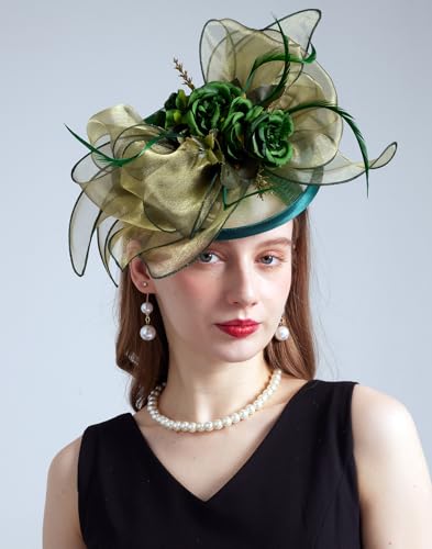 Women Organza Derby Hat Fascinator Tea Party Wedding Church Derby Hat Fascinator Hats Dual-use - color: 02f Green
