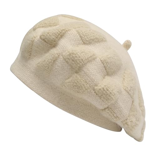ZLYC Women French Beret Hat Reversible Solid Color Knit Warm Artist Cap - color: Checkered Beige