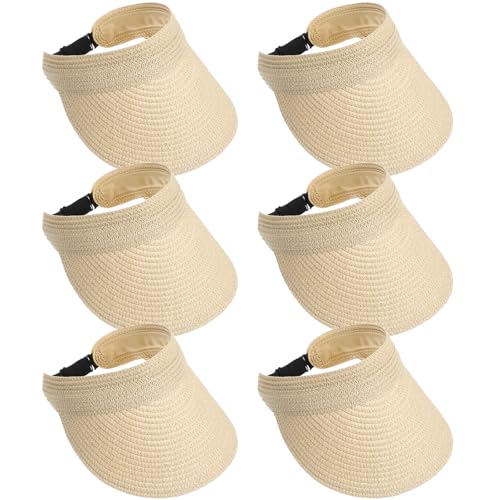 Roshtia 6 Pcs Women Sun Hat Straw Sun Visor for Women Summer Packable Ponytail Beach Hats for Women Travel UPF 50+ - color: Beige, style: Vintage Style