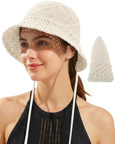Ababalaya Women’s Lightweight Cotton Crochet Bucket Hat - color: Beige