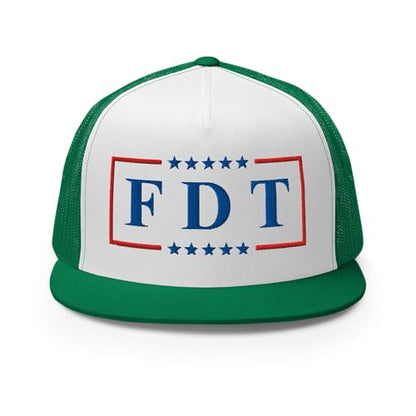 NX FDT Embroidered Flat Bill Trucker Hat High Crown Adjustable FDT Hat - color: Kelly/ White/ Kelly