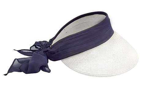 Straw Sun Visor with Scarf Bow and Adjustble Back - color: White/ Navy Blue