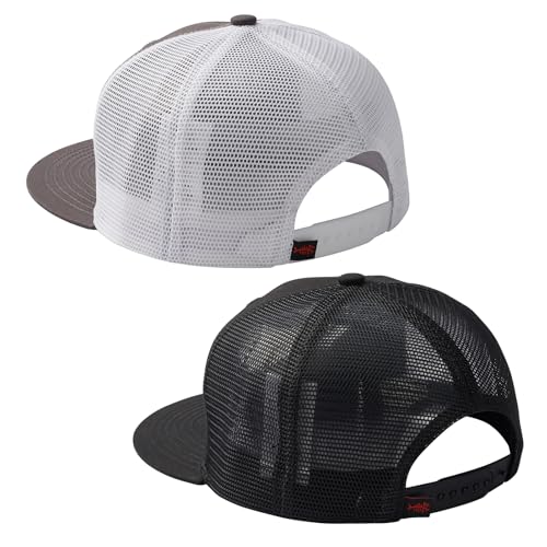 BASSDASH 2 Pack Flat Brim Trucker Cap Adjustable Snapback Hat Mesh Back for Men Women Fishing Hunting - color: Charcoal Grey/Fish Flag & Black/Fish Flag