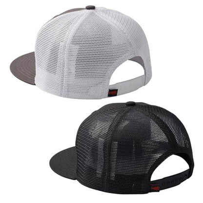 BASSDASH 2 Pack Flat Brim Trucker Cap Adjustable Snapback Hat Mesh Back for Men Women Fishing Hunting - color: Charcoal Grey/Fish Flag & Black/Fish Flag