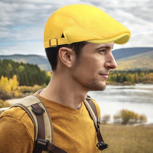 meioro Mens Breathable Mesh Summer Hat Adjustable Flat Cap Newsboy Beret Ivy Cap Irish Cabbie Fishing Hats - color: Yellow