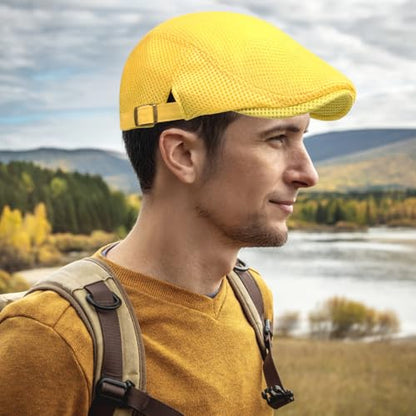 meioro Mens Breathable Mesh Summer Hat Adjustable Flat Cap Newsboy Beret Ivy Cap Irish Cabbie Fishing Hats - color: Yellow