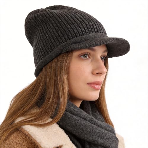 Winter Beanie with Visor - Stylish Knit Hat with Bill - Thick Brimmed Beanies with Fleece Lining Men and Women - color: B326-grey