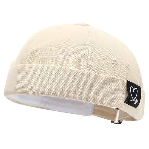Mens Docker Cap Brimless Skullcap Sailor Cap Rolled Cuff Retro Beanie Hat - color: Double Heart Beige