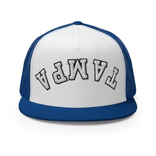 NX Upside Down Tampa Embroidered Flat Bill Trucker Hat High Crown Snapback Cap - color: Royal/ White/ Royal