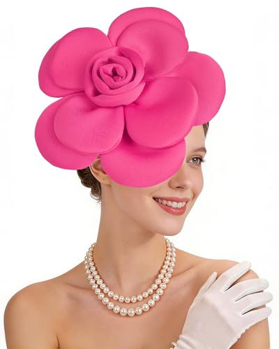 Zinniday Rose Flower Fascinators Hats - 2026 Elegant Extra Large Fascinator Hat Rose Cocktail Headpiece for Women Church - style: Pink Large Flower