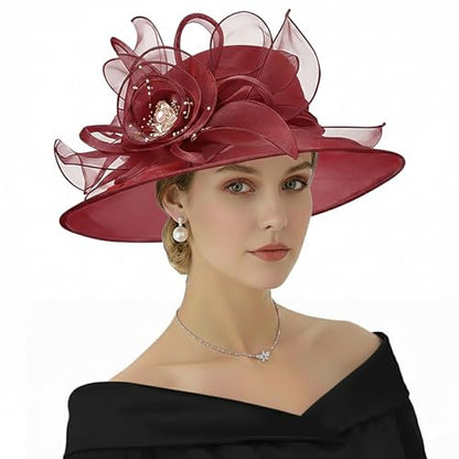 DRESHOW Women Organza Hat Church Cap Hats Clearance Kentucky Derby Cocktail Tea Party Wedding Flower Hat with Wide Brim - color: Flower Hat: Burgundy