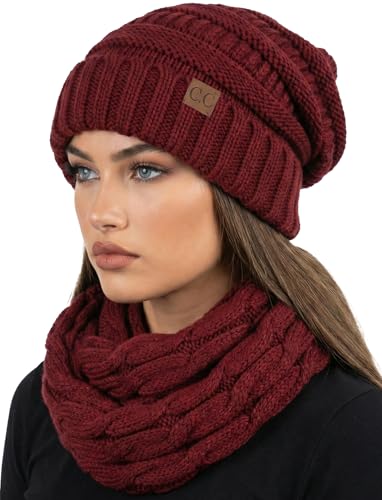 Funky Junque Slouchy Beanie & Infinity Scarf Gift Set – Matching Winter Accessories Sets for Women, Oversized Hat and Scarves - color: Burgundy