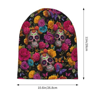 Slouchy Beanie Hat Skull Cap Chemo Headwear Baggy Hats for Men Women Running Cycling - color: Mexican Skull Flowers
