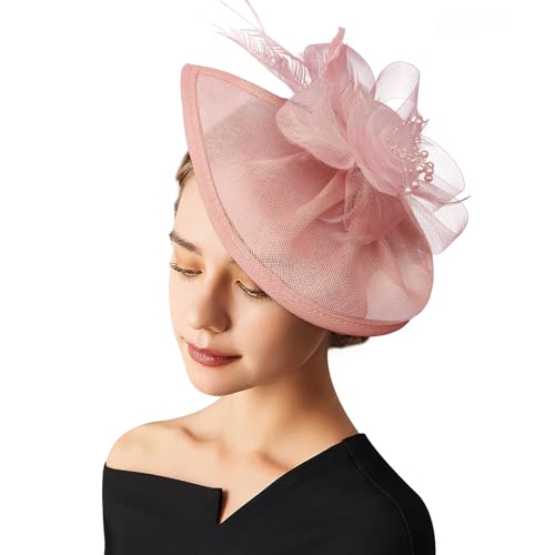 AQOKKA Women Fascinators Hats Flower Fascinators with Headband and Clip Tea Party Headwear for Women and Girls - color: Feather Flower: Dusty Pink