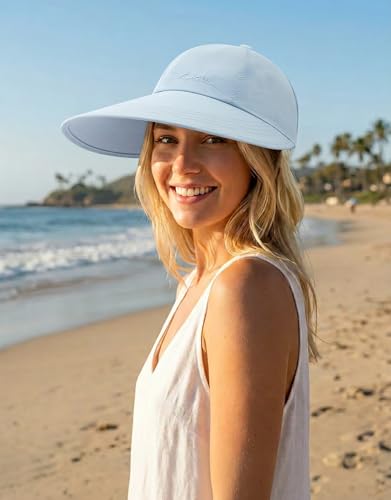 Sun Hats for Women Outdoor Wide Brim UV Protection Hollow Top Summer Beach Packable Visor with Ponytail-Hole - color: Blue