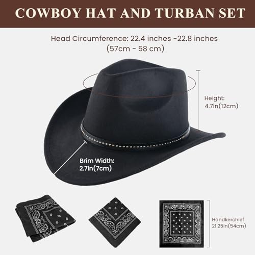 Classic Western Cowboy Hat, Unisex Felt Cowboy hat with Wide Brim and Band, Ideal for Rodeos, Costume Parties, Outdoor Wear - color: Black