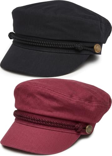 Funky Junque Greek Fisherman Newsboy Cap, Cotton Captains Bakerboy Hat - color: 2 Pack - Black & Burgundy