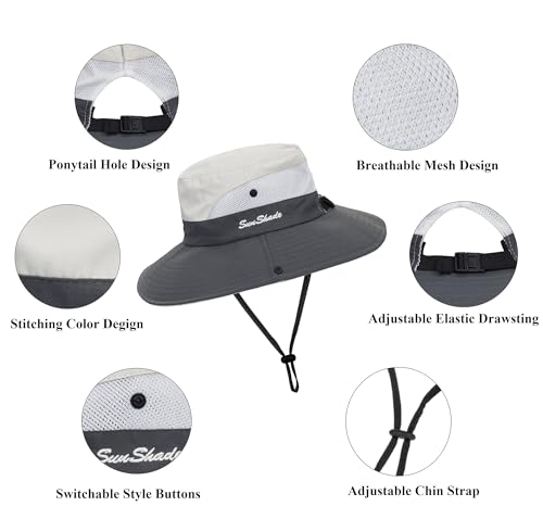 Sun Hat for Women Summer UV Protection Beach Hat with Ponytail Hole - color: Beige Grey(with Ponytail Hole)