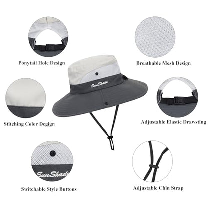 Sun Hat for Women Summer UV Protection Beach Hat with Ponytail Hole - color: Beige Grey(with Ponytail Hole)