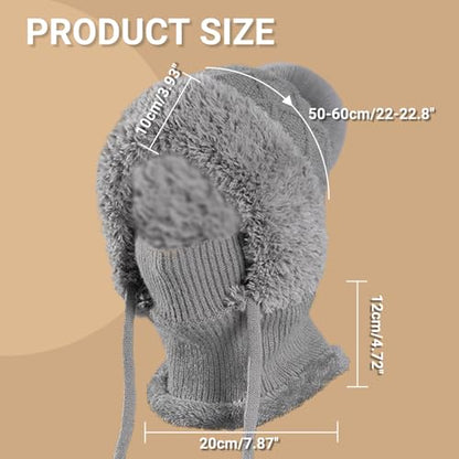 Women’s Knitted Beanie Hat with Face Cover - 3 in 1 Winter Balaclava with Mask Scarf Ear Muffs Pompom Fleece Lined Snow Caps - color: Beige-b