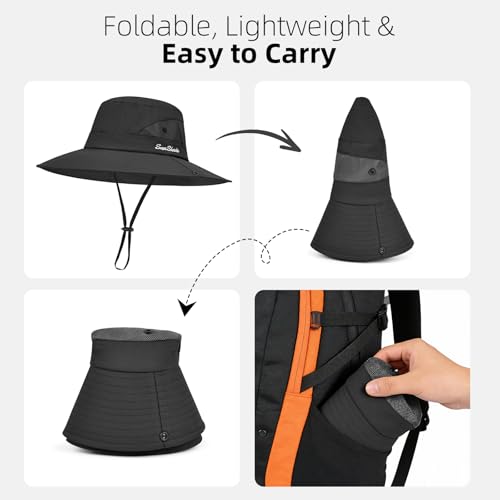 Rosoz Ponytail Sun Bucket Hats for Women UV Protection Foldable Wide Brim - color: 1 Pack-black