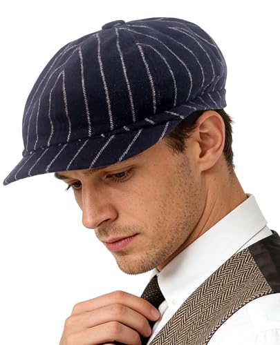 Adult 1920s Newsboy Cap for Men British Gangster Style Costume Baker Wool 8-piece Cap Halloween - color: Navy Stripe, size: L (23.6")