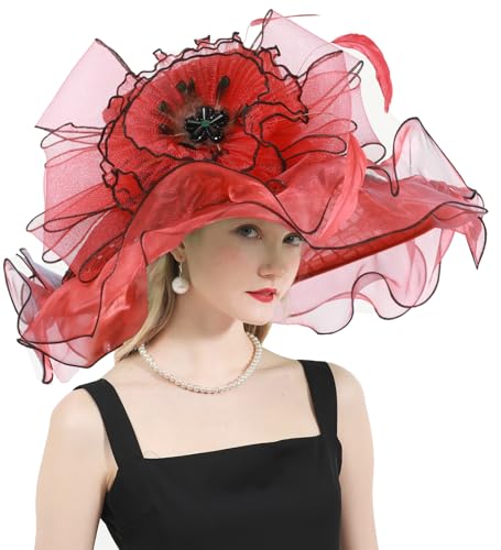 ORIDOOR Women Organza Fascinator Church Derby Hat Floral Tea Party Wedding Hat - color: 868-red