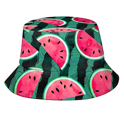 Bucket Hat Sun Beach Packable Fisherman Cap for Women Men Summer Outdoor Hiking - color: Watercolor Watermelon Green Red Fruit