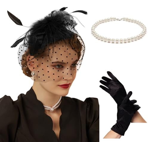 Fascinator Hats for Women 20s 50s Vintage Pillbox Hat Kentucky Derby Fascinators Flower Veil Wedding Tea Party Hat - color: 2-black Set