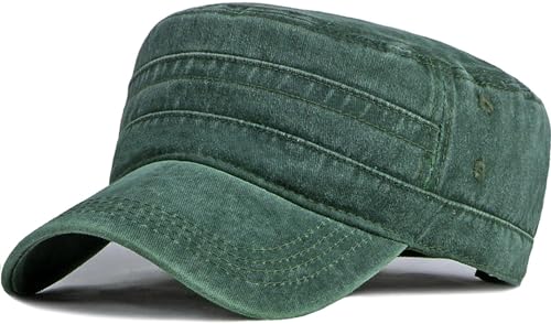Cadet Army Cap Washed Military Army Hat Vintage Flat Top Hat for Women Men - color: Deep Green