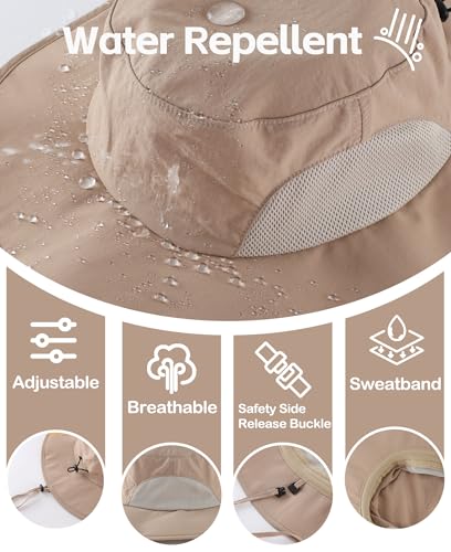 Home Prefer UPF50+ Mens Sun Hat Wide Brim Fishing Hat for Men UV Protection Womens Beach Bucket Hat for Golf Hiking Gardening - color: Milky Khaki