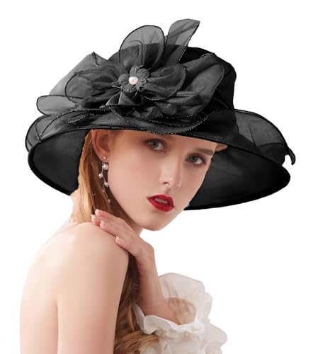 Women's Kentucky Derby Church Dress Hat Wide Brim Leaf Flower Bridal Shower Hat - color: T1 Black