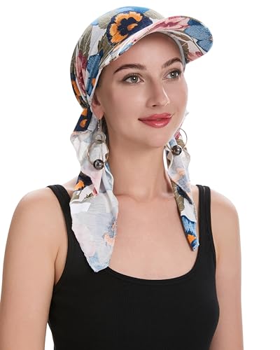 ZLYC Chemo Headwear for Women Brim Visor Head Scarf Pre Tied Headwraps Lightweight Skull Cap - color: Floral White