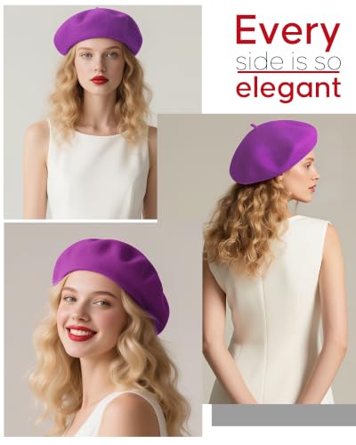 French Beret Hats for Women - Wool Solid Color Beanie Cap - color: Lavender