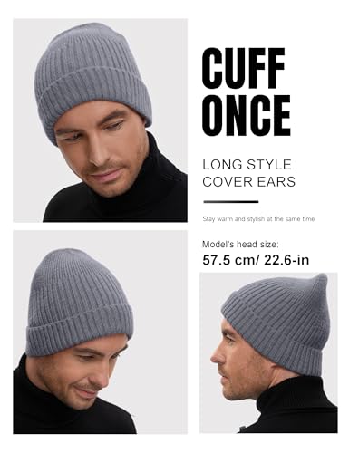 vidsel 50% Wool Double Cuff Beanie Hat for Men Women, Warm Winter Knit Cap - color: Light Grey