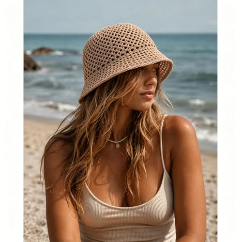 Women's Beach Bucket Hat Fisherman Cap Hollow Mesh Lightweight Breathable Sun Hat for Summer - color: Hollow Khaki