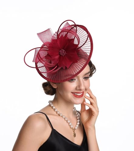 SAFERIN Elegant Women's Fascinator Hat with Veil and Feather Hair Clip Headpiece for Weddings Tea Party - color: St59-burgundy