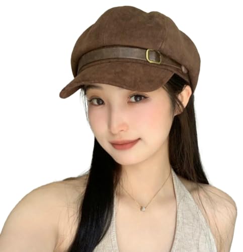 Vintage Newsboy Hats Winter Suede Caps Women's Octagonal Hat Fashion Gatsby Cabbie Baker Visor Beret Hat - color: Brown