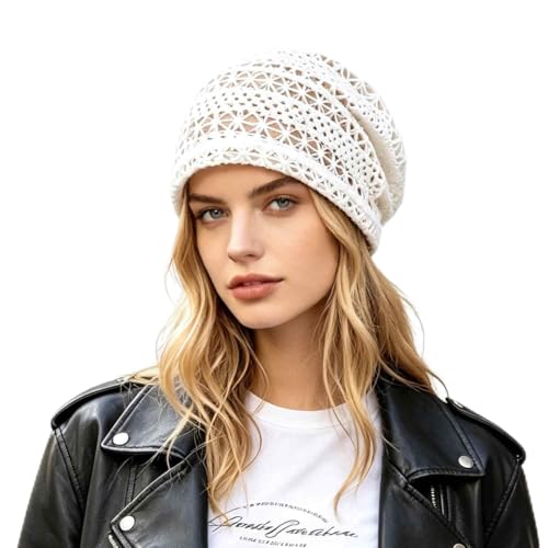 Women's Sparkly Lace Beanie Hat for Women, Lightweight Breathable Knit Skull Cap,Fashion Slouchy Beanie - color: White 001