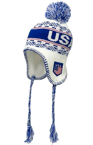 USA Winter Knit Beanie with Pom White Ski Cap, Peruvian Hat with Ear Flaps and Fleece Lining